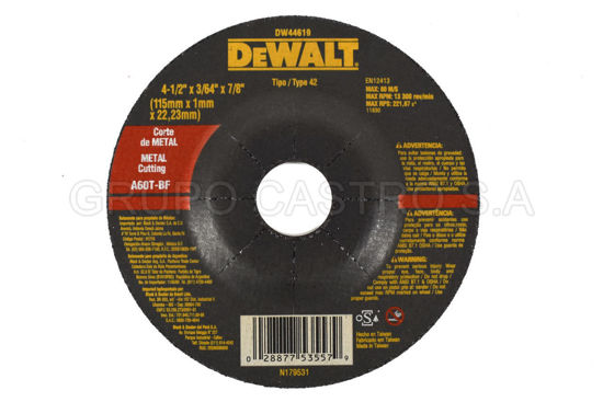 Foto de DISCO METAL CORTE FINO  4 1/2"X3/64"X7/8" DEWALT DW44619RPM13.300