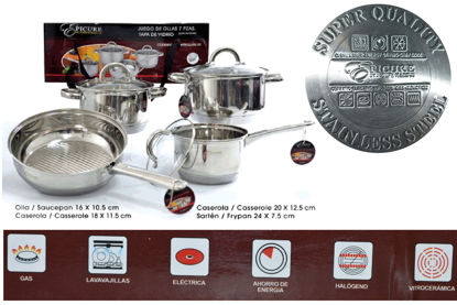 Foto de Jgo ollas acero inox t/vidrio Epicure disco difusor 7 pcs 5 kgs  16X18x20x24cms EP-KT07-5