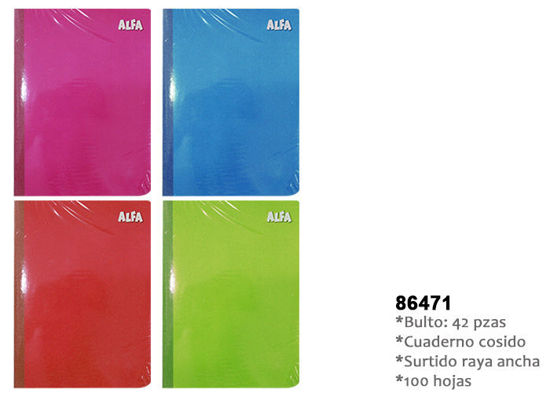 Foto de Cuaderno 100 Hojas(200paginas)  24.5x19cms cocido #86471 colores lizos alfa