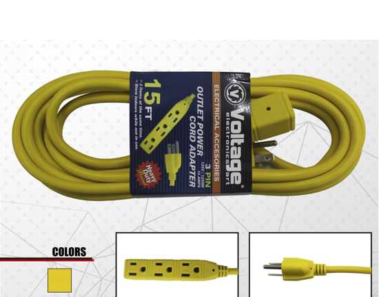 Foto de Extension c/regleta 15FT(4.5MT) X3 salidas V-15-FT-AXD 18awg 125vX1250wX15AMPS amarilla voltaje(30)