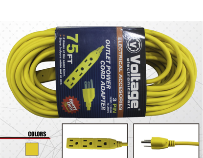 Foto de Extension c/regleta 75FT(22.5MT) X3 salidas V-75-FT-AXD 18awg 125vX1250wX15AMPS amarilla voltage(6)