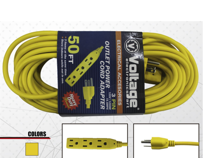 Foto de Extension c/regleta 50FT(15MTRS) X3 salidas V-50-FT-AXD 18awg 125vX1250wX15AMPS amarilla voltaje(12)