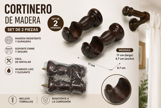 Foto de Cortinero Madera Set 2 Pcs NB42891 11 larg,4.7 anc cms (100)