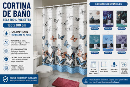 Foto de Cortina Baño Tela 100% Poliester Textil Calidad Repelente Agua YN01 180x180 cms NAA323 (72)