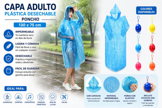 Foto de Capa Adulto Plastica Desechable Poncho PONCHBALL M832601 52G 130X75 cms (200)