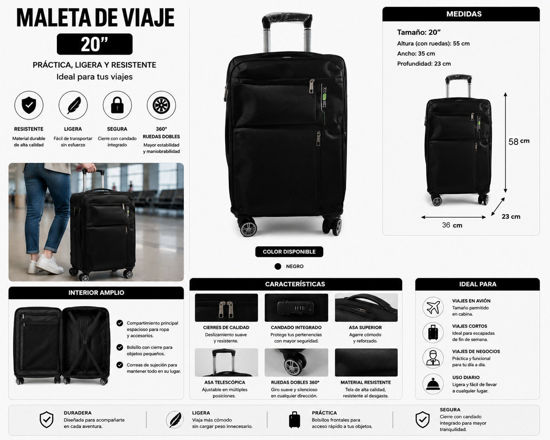 Foto de MALETA VIAJE 20" MBS26026 NEGRA TELA YOUMEJIA / XUXSSHI 58altx36anch cms