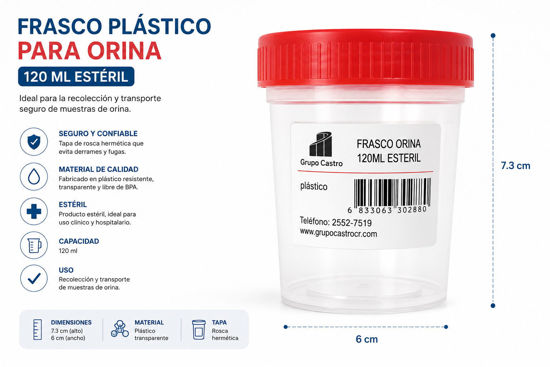 Foto de Frasco Plastico Orina 120ml N261571 7.3 alt,6anc cms (500)