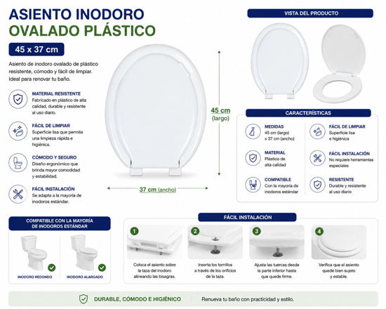 Foto de Asiento Inodoro Ovalado Plast Blanco O8F28913 45x37 cms (20) (-)