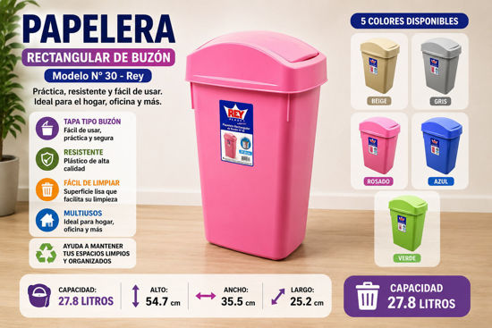 Foto de Papelera Rectangular d/buzon  #30 Rey PPX026000 27.8ltrs 54.7x35.5x25.2cms