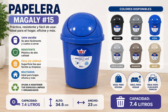 Foto de Papelera magaly #15 vaiven 7.4 ltrs 34.5 alt,23 diam cms Rey PPX028000