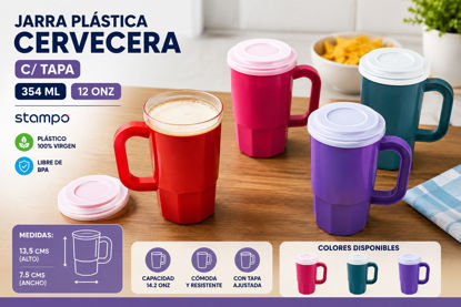 Foto de Jarra plast cervecera c/tapa 354ml 12onz 13.5x7.5cmsTARR01/TAPA04 14.2onz (252)stampo