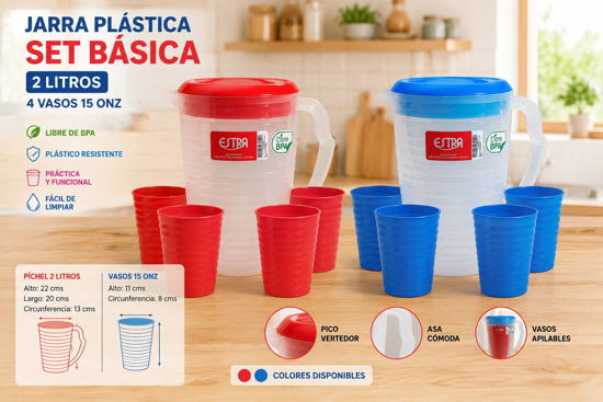Foto de Jarra platica SET basica 2lt 4 vasos 15onz estra